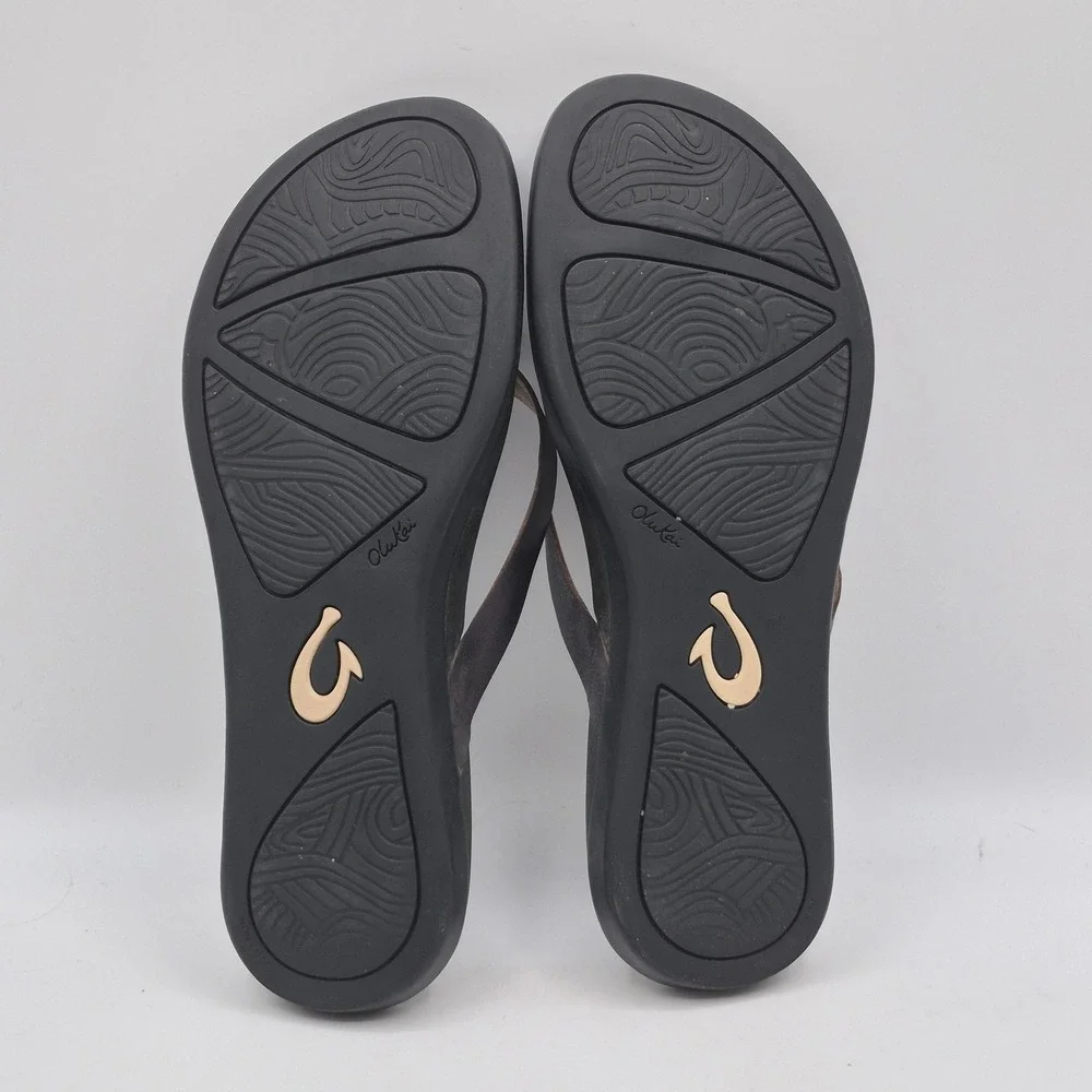OluKai Sandals Womens Size 10 Brown Leather Thong Flip Flops Black‎ Sole Comfort